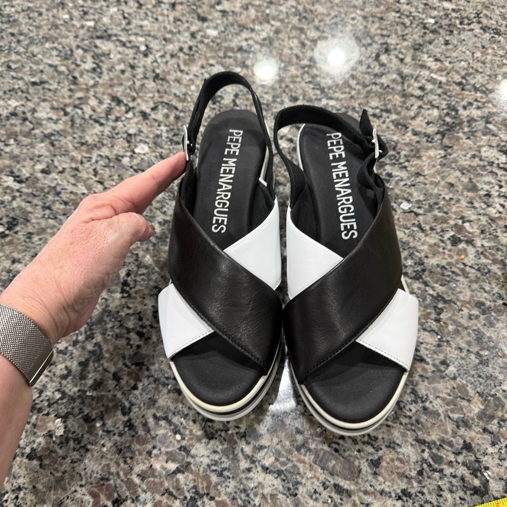 Black & White Crisscross Wedge Sandals - Picture 9 of 9